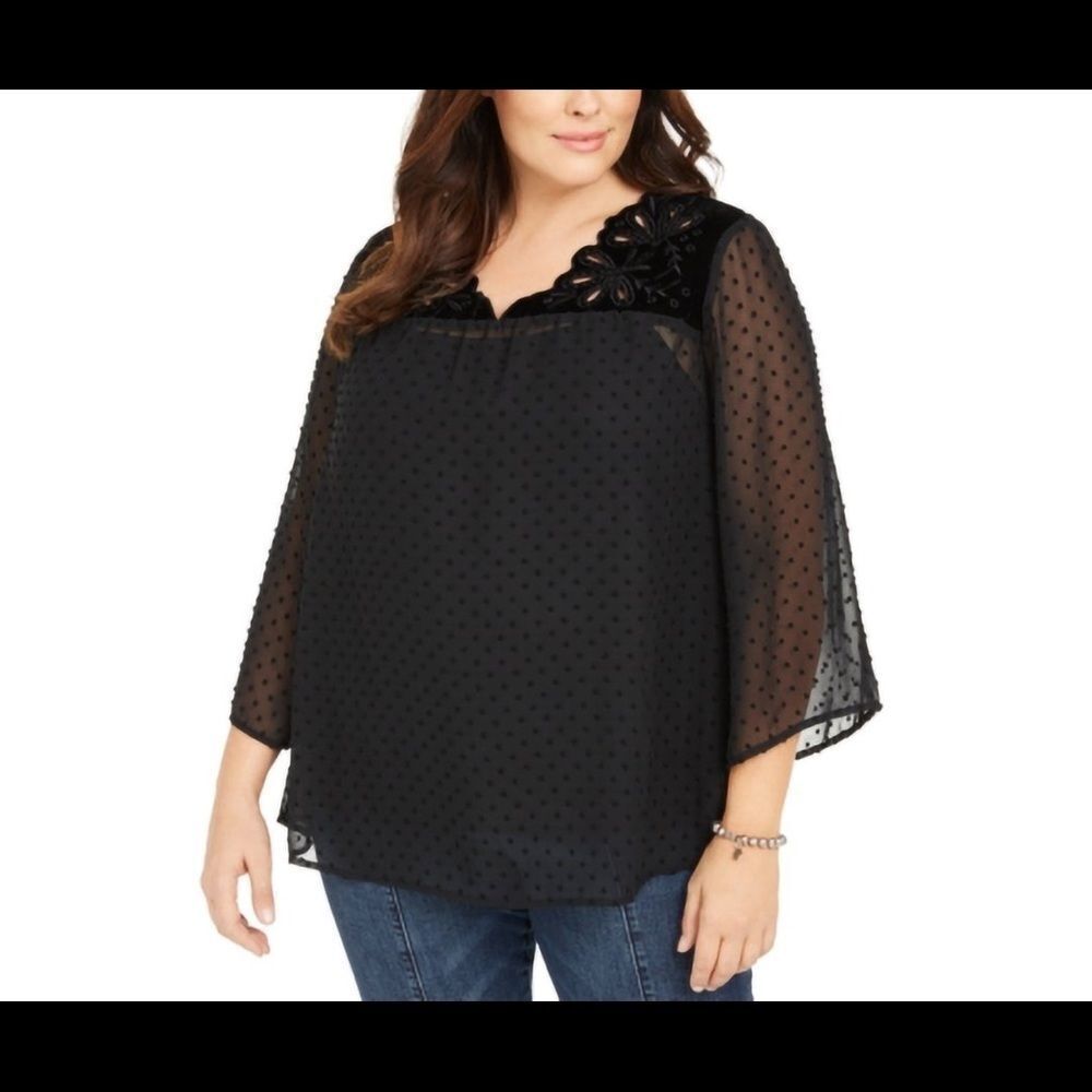 Style & Co Plus Size Swiss-Dot Velvet-Yoke Top Eyelet Black 3X NWT